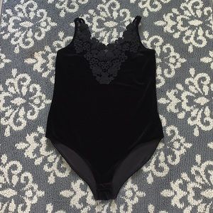Xhilaration Black Velvet Bodysuit with Lace Patch
